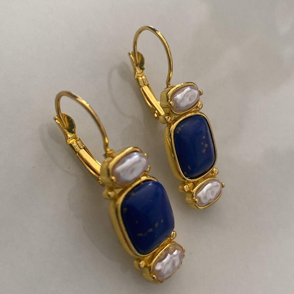 Gold tone earrings with blue and faux pearls